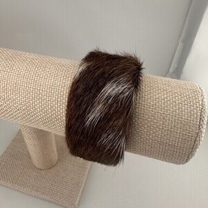 Calf Hair Pavé Crystal Gold Tone Statement Cuff Bracelet Wide Brown White Y2K